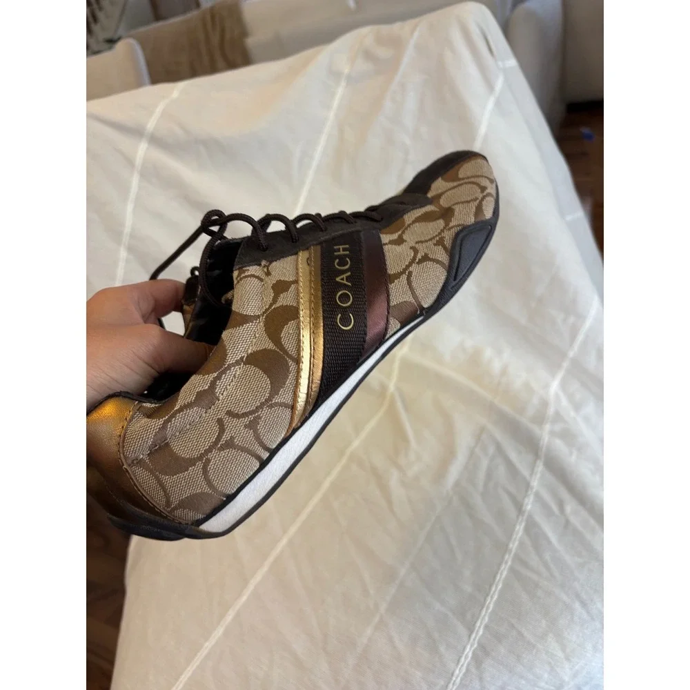 Coach Jayme Signature Jacquard Khaki Brown Gold Sneakers Q582 Womens 7.5M
